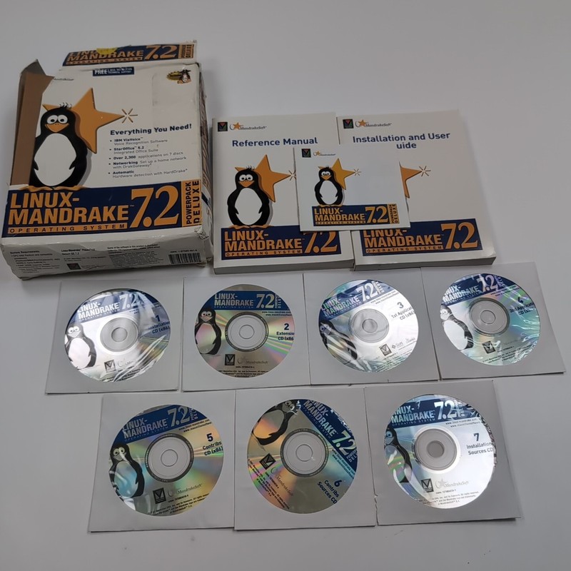 Linux Mandrake 7.2 Deluxe 2001 Operating System Software Big Box 7 CD’S Manuals
