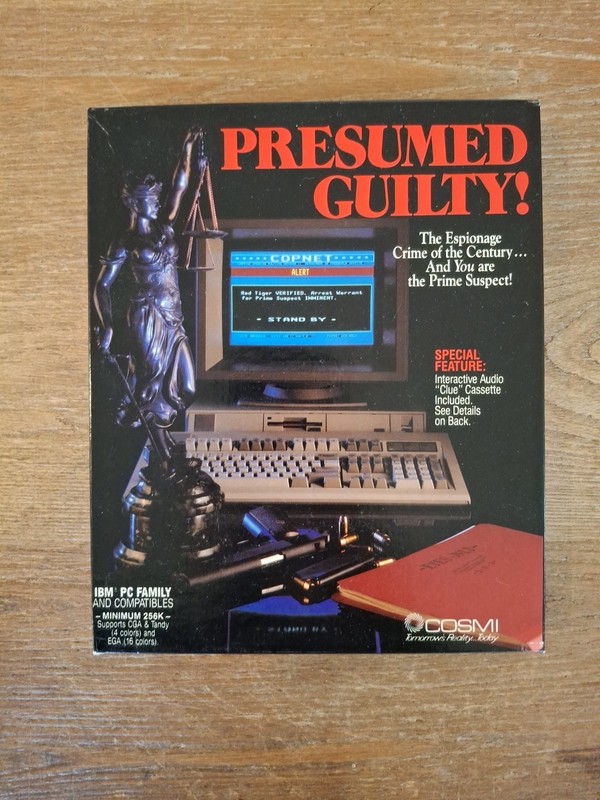 Vintage 1989 Cosmi PRESUMED GUILTY! IBM PC Game 5.25″ disks, complete Rare