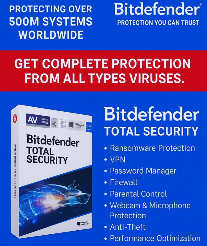 Bitdefender Total Security 1 Year | 1-10 Devices | Windows | Mac | Android