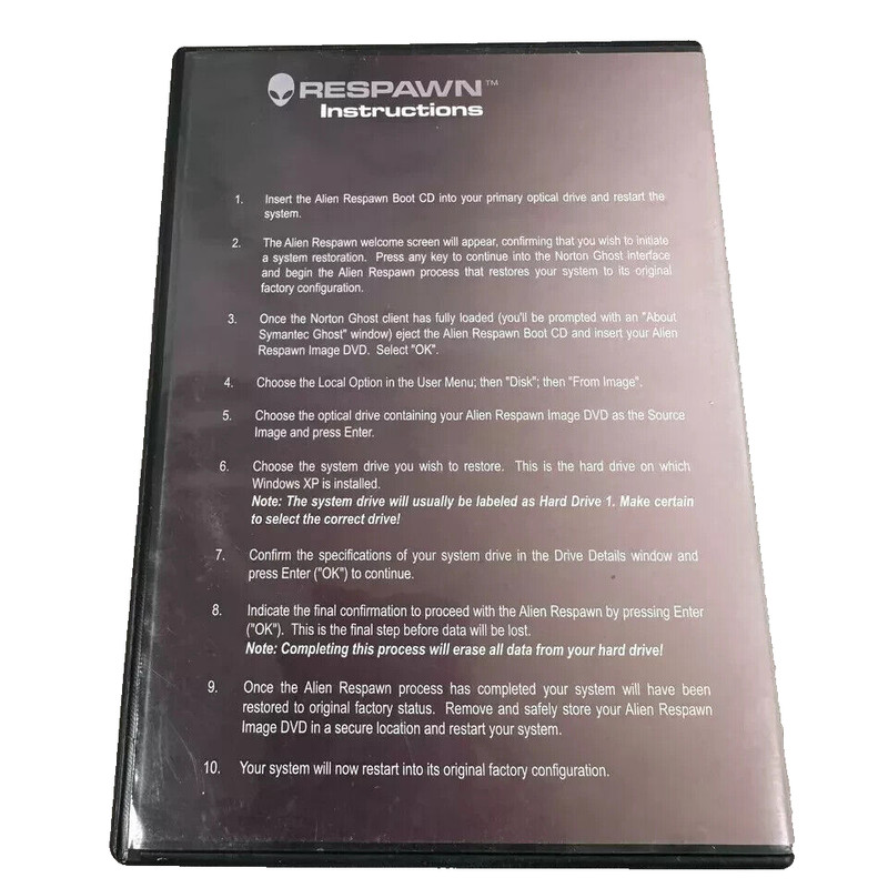 Alienware Respawn Windows XP Boot Image Factory Reset Software on CD/DVD gallery