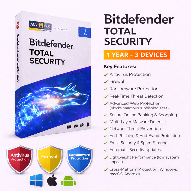 Bitdefender Total Security 2026 – 1 Years 3 Devices (WINDOWS,MAC,ANDROID)
