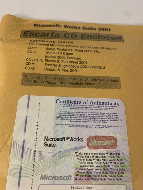 Microsoft Works Suite 2001 Word 2000 Money 2001 Encarta Picture It Money NEW