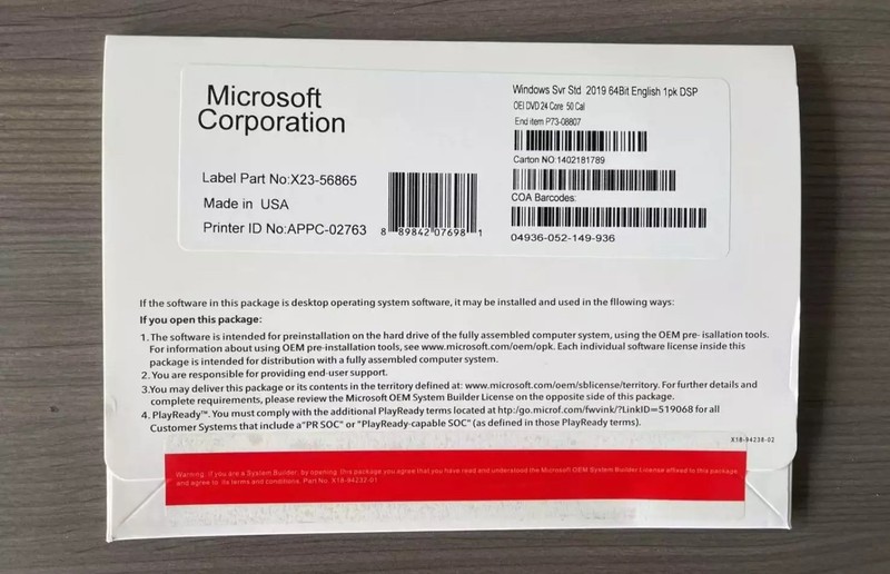 Microsoft Windows Server 2019 Standard 24 Core 50 CALs DVD With Key