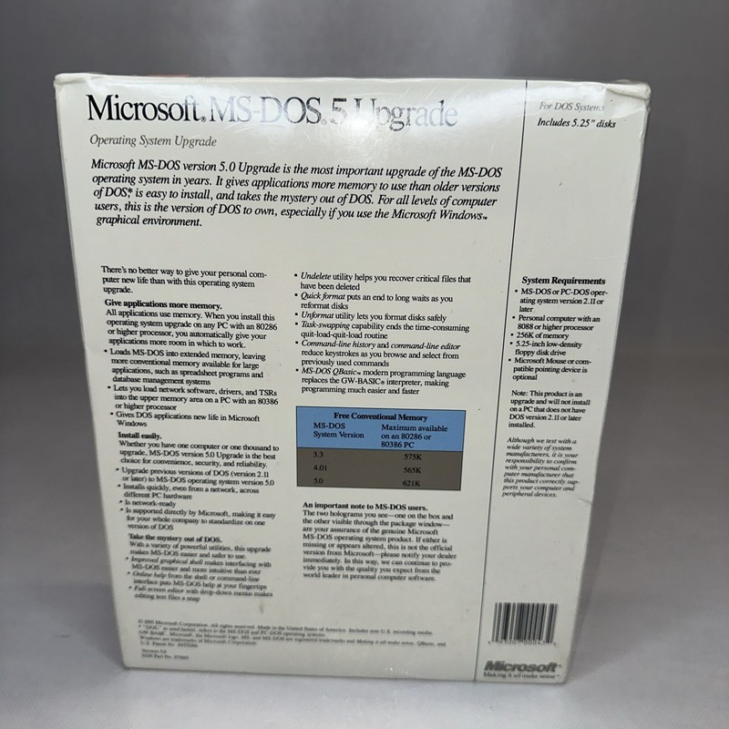 NOS Microsoft MS Dos 5 Upgrade PC Software Factory Sealed Includes 5.25 Disks gallery