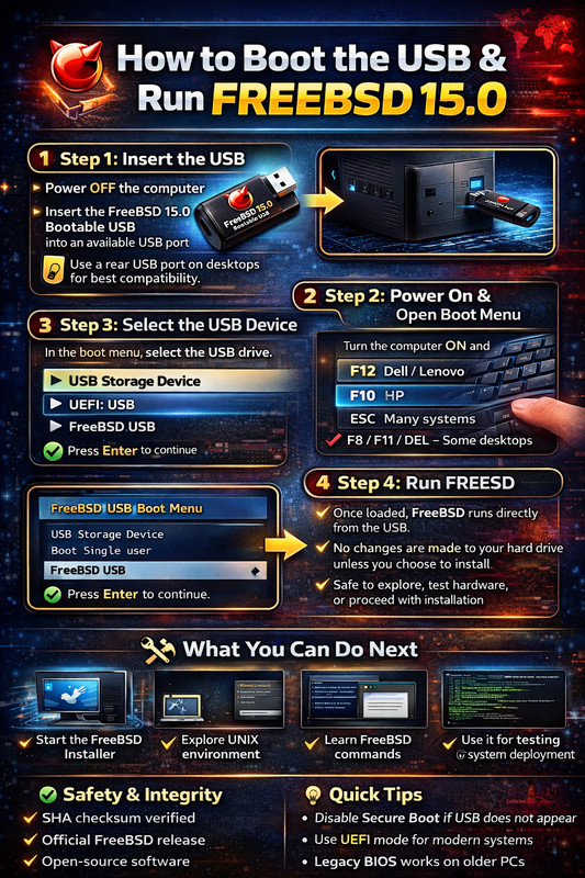 FreeBSD 15.0 Open Source UNIX OS Bootable USB | Live & Installer | UEFI & Legacy gallery