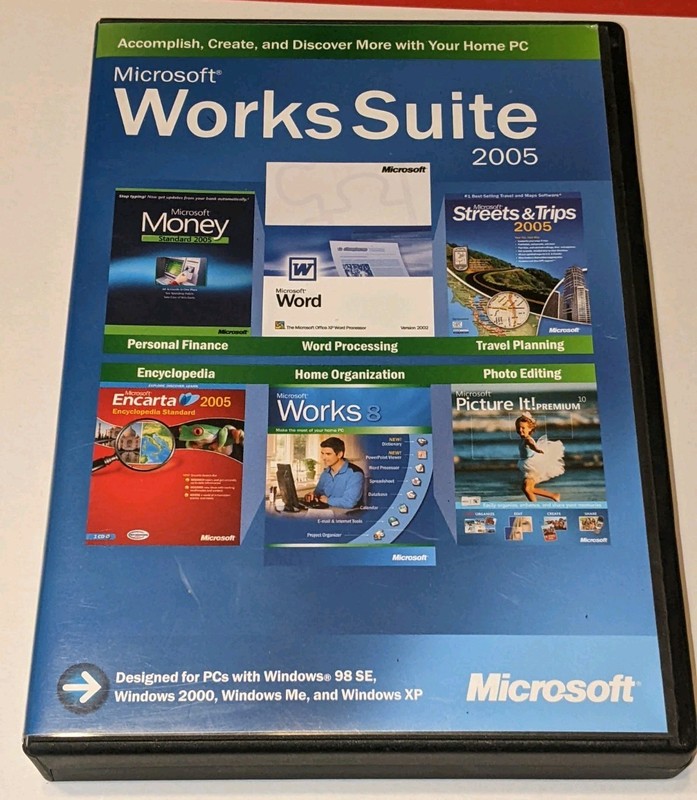 Microsoft Works Suite 2005 Software WORD 2002, WORKS 8, Picture It Premium *READ