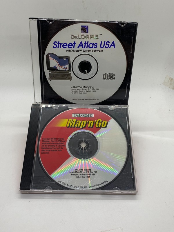 1 lot 2 CD rom discs: DeLorme Street Atlas 1991 & DeLorme Map’N’Go 1994