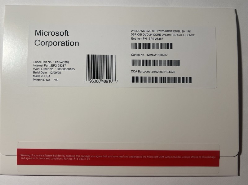 Microsoft Windows Server 2025 STANDARD 24 Core Unlimited CALS License + Key NEW
