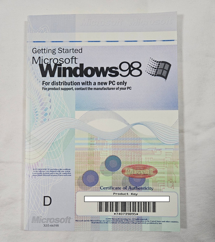 Windows 98 1st Ed. Getting Started Manual With COA & License Product Key – NO CD