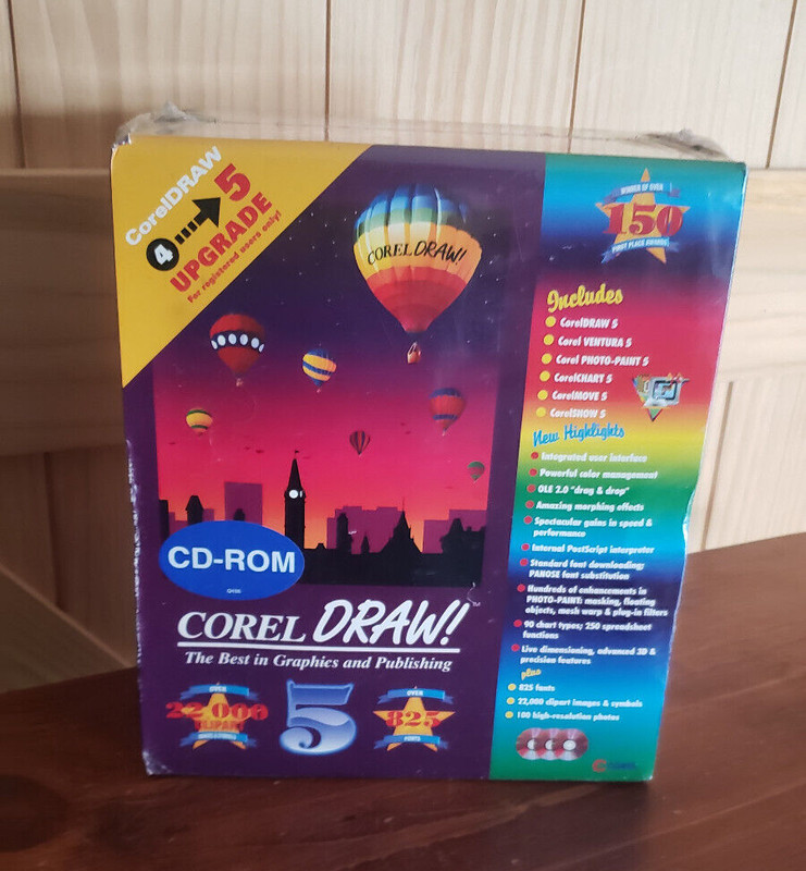 Corel DRAW 5 Software 3 CD-ROM Big Box Upgrade Version NOS Factory Sealed