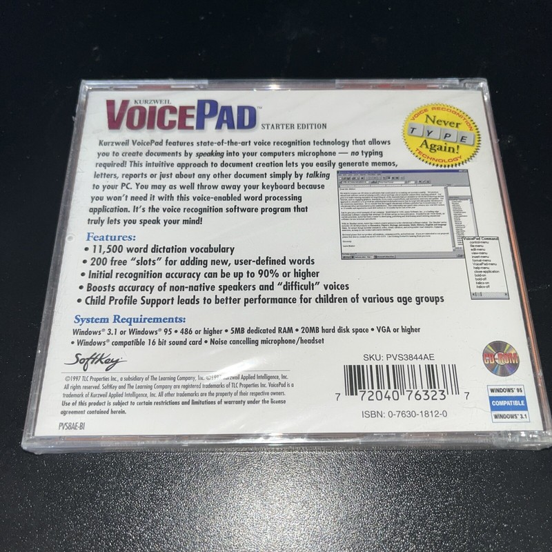1997 Kurzweil Voice Pad Starter Edition, PC, CD-ROM, Windows 3.1 / 95 gallery