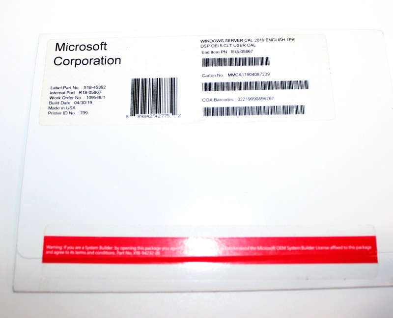 Windows Server CAL 2019, R18-05867 MICROSOFT SERVER 2019 5 USER CAL LICENSE gallery