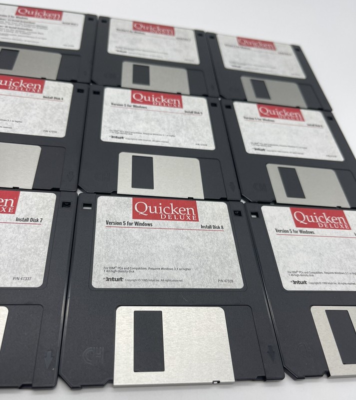 Intuit Quicken Deluxe Version 5 for Windows 1995 3.5” Floppy Discs 1-9 RARE gallery