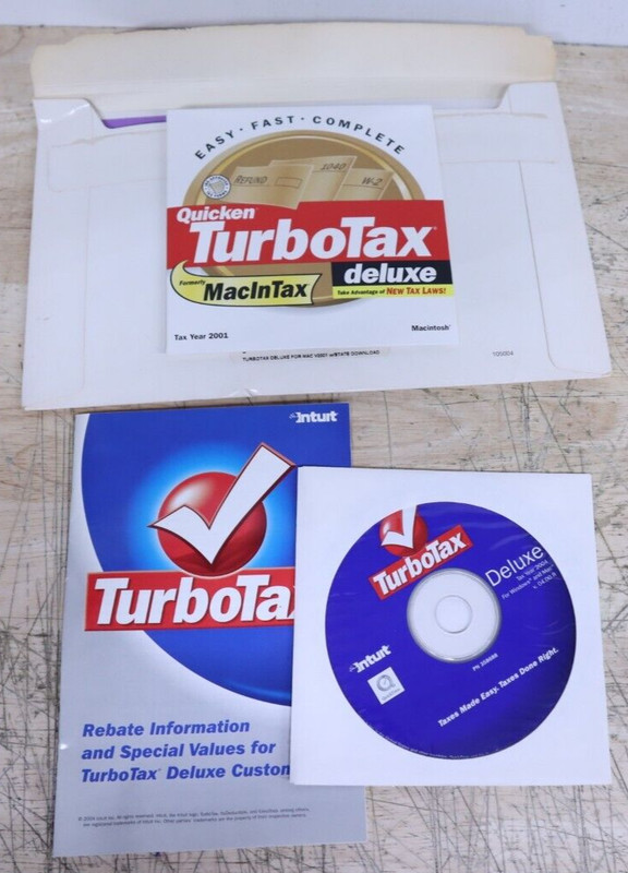 Original TURBO TAX – Premier 2001 & Deluxe 2004 CD W/ 2001 Key & Envelopes USA