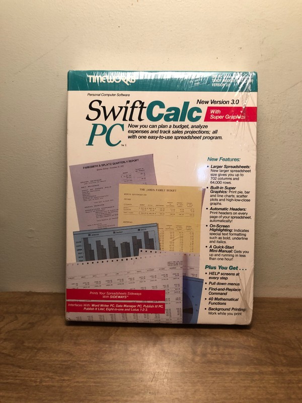 Timeworks Swift Calc PC IBM Compatible PC & Tandy 1000 / 3000 Version 3.0