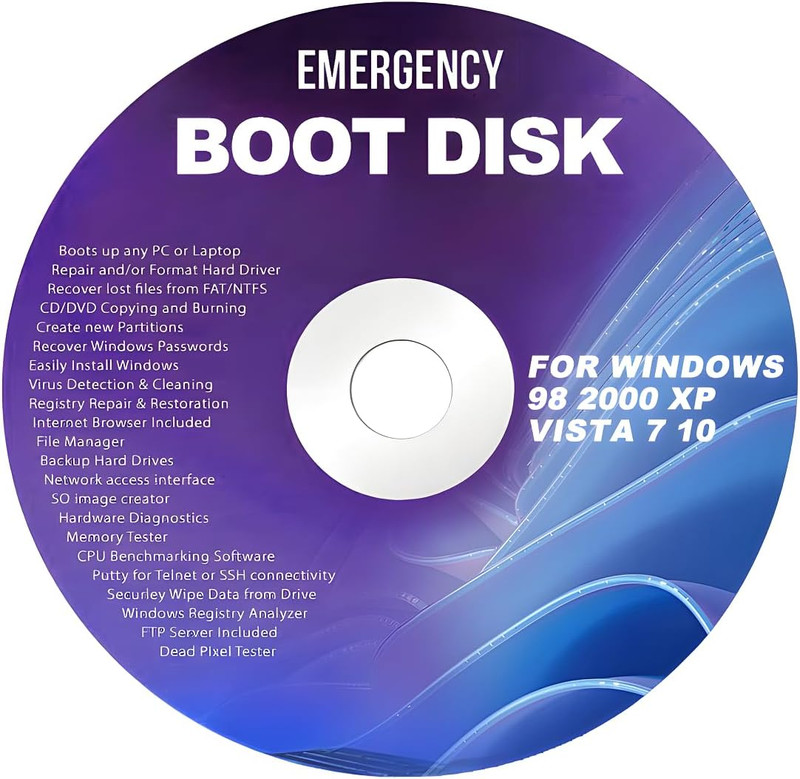 DVD for Windows Emergency Boot Disk for Windows 98, 2000, XP, Vista, 7, 10 PC Re