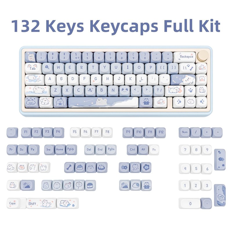 Blue White MOA Profile Custom PBT Keycaps 132 Keys Set Dye Sublimation Keycap... gallery