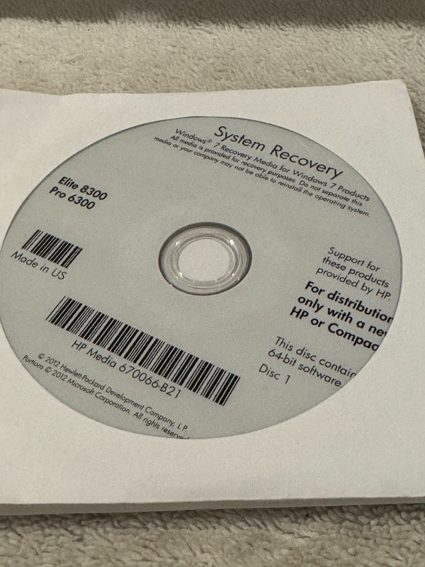 HP System Recovery Win 7 Elite 8300 Pro 6300 (4 Discs) – VERY GOOD CONDITION!!!