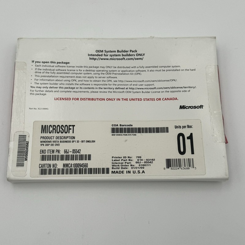 Microsoft OEM System Builder Pack Windows Vista Business SP1 32 BIT X13-04441