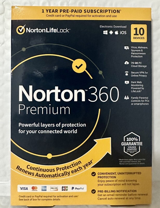 Norton Internet Security 360 Premium 10-Devices 1Yr, VPN, 75GBCloudback,DarkWeb