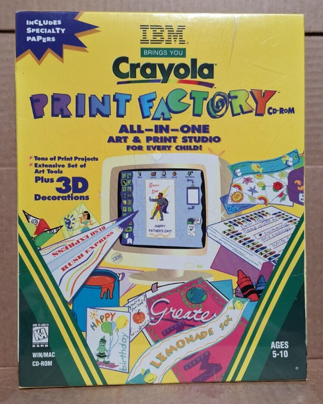 IBM’s Crayola Print Factory (PC, 1998) – New / Sealed Big Box