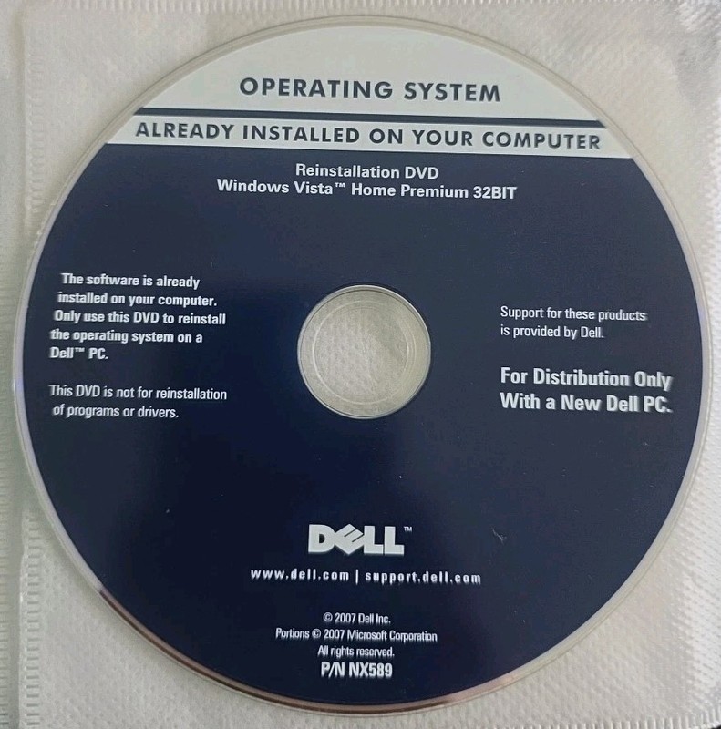 Dell Windows Vista Home Premium SP1 32-Bit Reinstallation DVD Disc