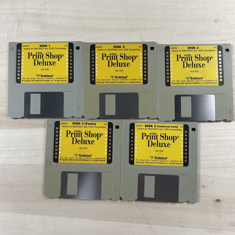 The Print Shop Deluxe Broderbund IBM Tandy PC DOS VGA 720K 3.5″ Floppy Disk Set