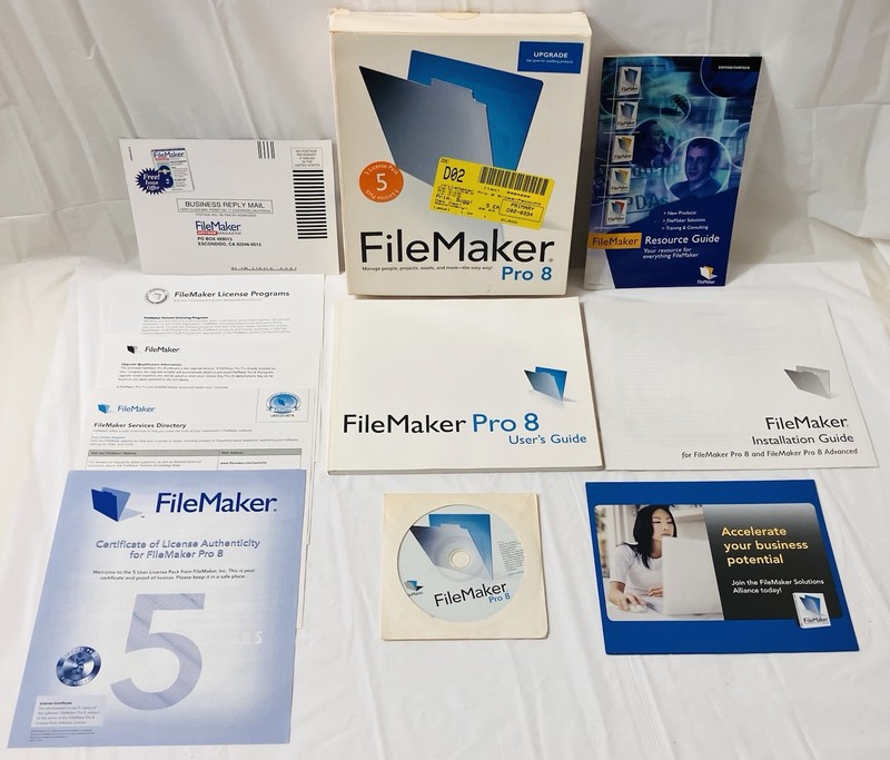 FileMaker Pro 8 Upgrade 5-License Pack Mac Windows XP w/ Box Manuals CD Extras gallery