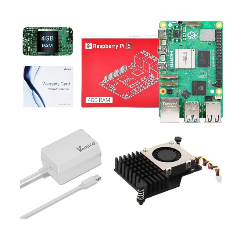 Vemico Raspberry Pi 5 Kit 4GB RAM with Active Cooler, Pi 5 27W 5.1V5A PD Type...