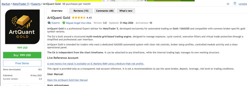 v3.0 ArtQuant Gold EA Metatrader MT5 MQL5 Bot Trading Robot prop firm gallery