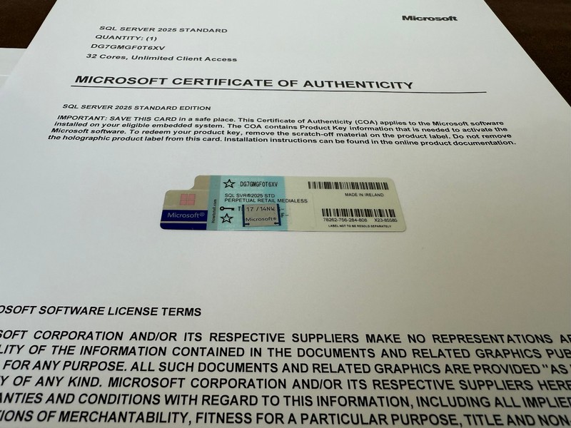Microsoft SQL Server 2025 Standard 32 Core Unlimited User CALs CoA Authentic. gallery