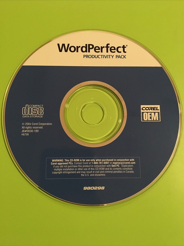 Word Perfect productivity pack Computer Software disk 980298 CD, Corel Corp 2004