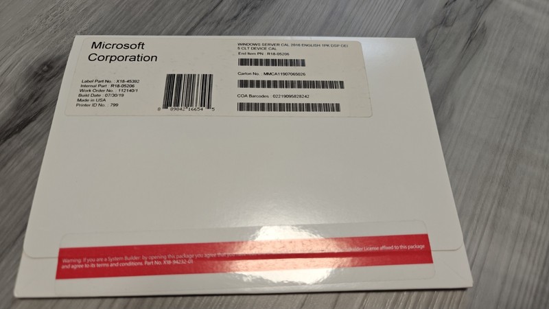 Microsoft Window Server 2016 CAL DSP OEI 5 Device Clt R18-05206 Brand New