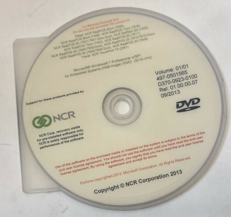 NCR D370-0923-0100 Windows 7 Pro SP1 32 Bit O/S Recovery RP80XRT RP70XRT SS6 NEW