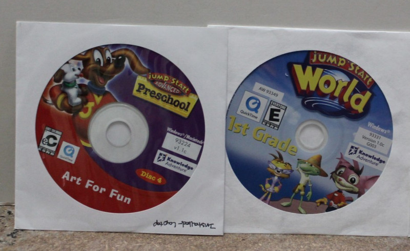 Jumpstart CD-ROMs–World (1st grade); Art for Fun (preschool)