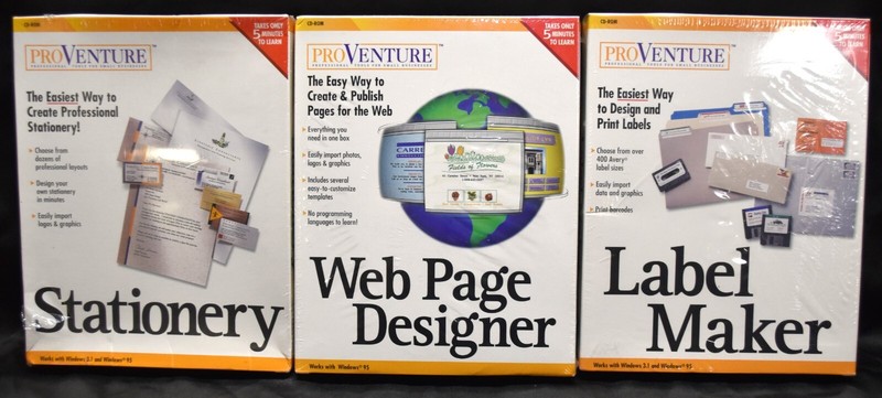 PRO VENTURE Windows 3.1/95 CD-ROM Stationery, Web Design, Label Maker – NIB