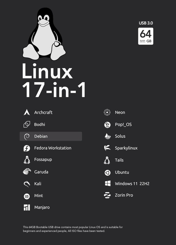 64GB - 17-in-1, Bootable USB Drive 3.2 for Linux & Windows 11, Zorin | Mint |...