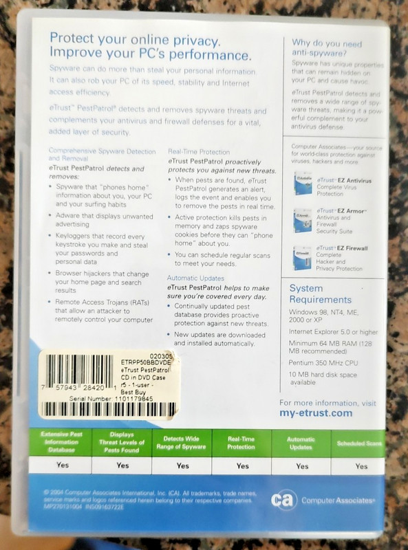 eTrust PestPatrol Anti-Spyware Protection for Windows 98,ME,NT4,2000 & XP CD-ROM gallery