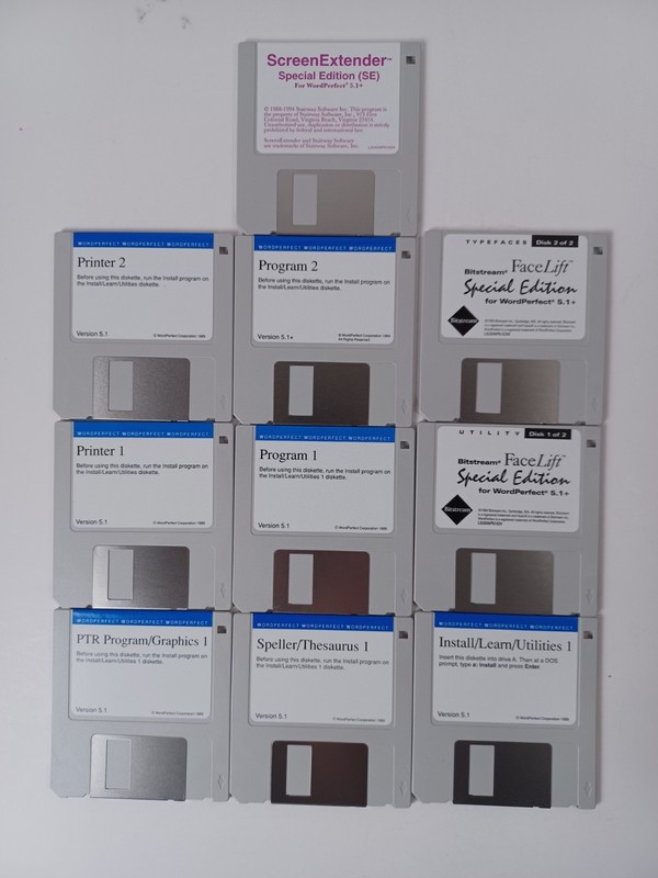 WordPerfect Version 5.1 Set of 7 + 3 Bonus 3 1/2″ Floppy Disks