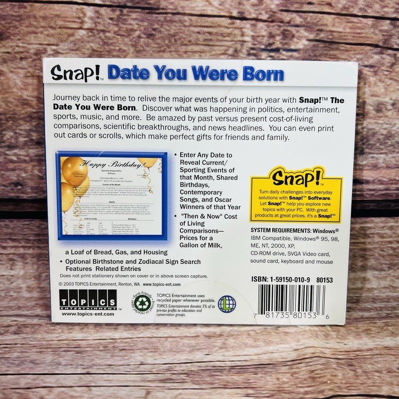 The Date You Were Born (PC 2001 CD-Rom) SNAP! Widows 95, 98, NT, 2000, XP TOPICS gallery