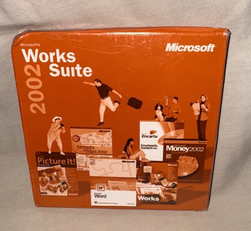 Microsoft Works Suite 2002 Sealed Software Box PC Word Encarta Picture It New