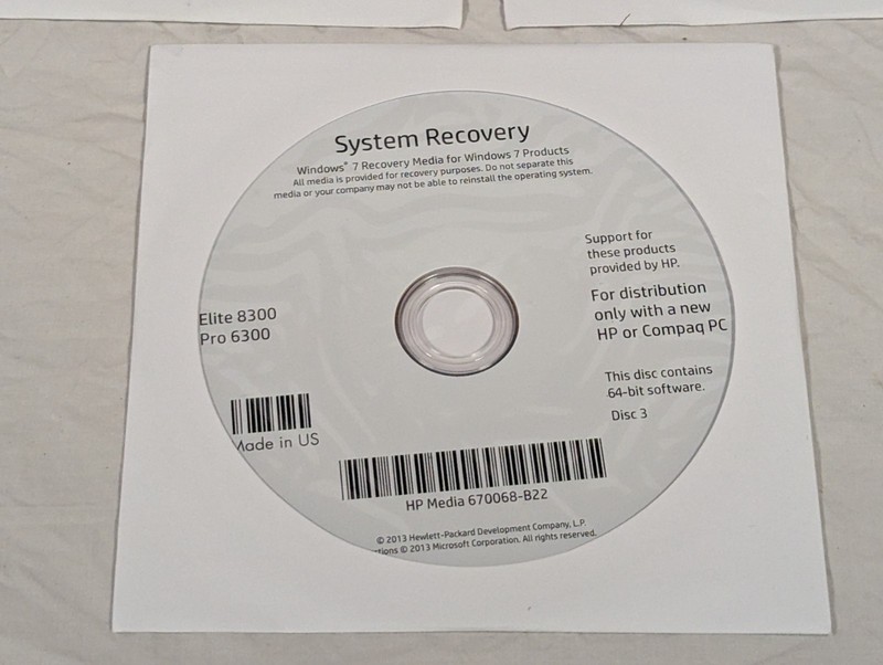 HP Windows 7 Pro 64-bit System Recovery Discs, Elite 8300 Pro 6300, No Key gallery