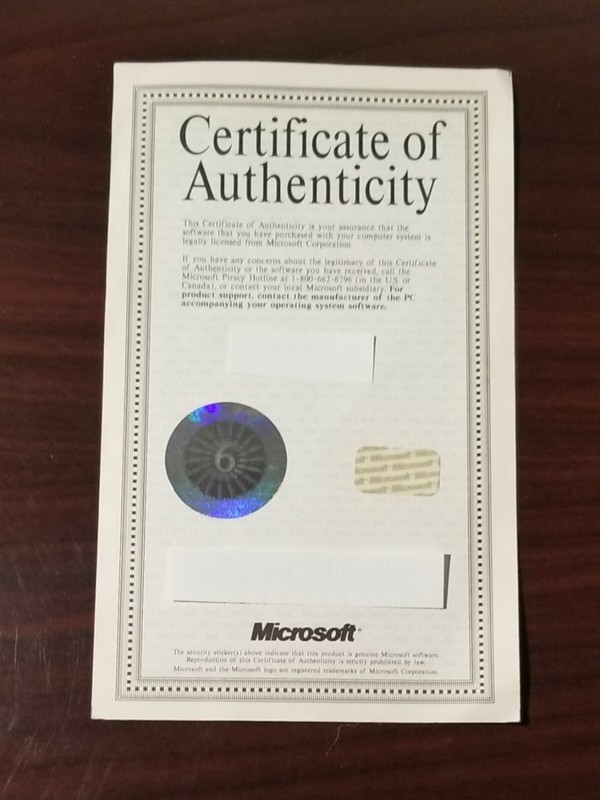 Microsoft MS-DOS Certificate of Authenticity COA License Version 6