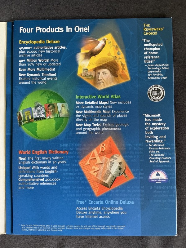 ​Microsoft Encarta Reference Suite 2000 Vintage PC Software 4 Discs gallery