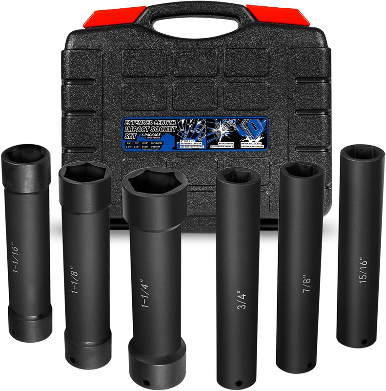 6pc 1/2" Drive Extra Deep Impact Socket Set - Heavy Duty Extended Length w/Case