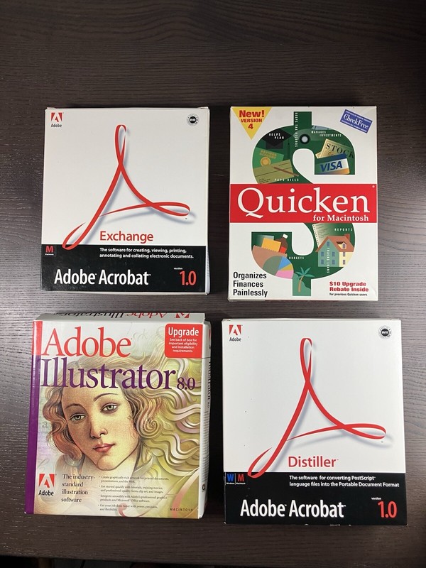 Adobe Acrobat Exchange 1.0 Distiller 1.0 Illustrator 8.0 Quicken Vtg PC Software