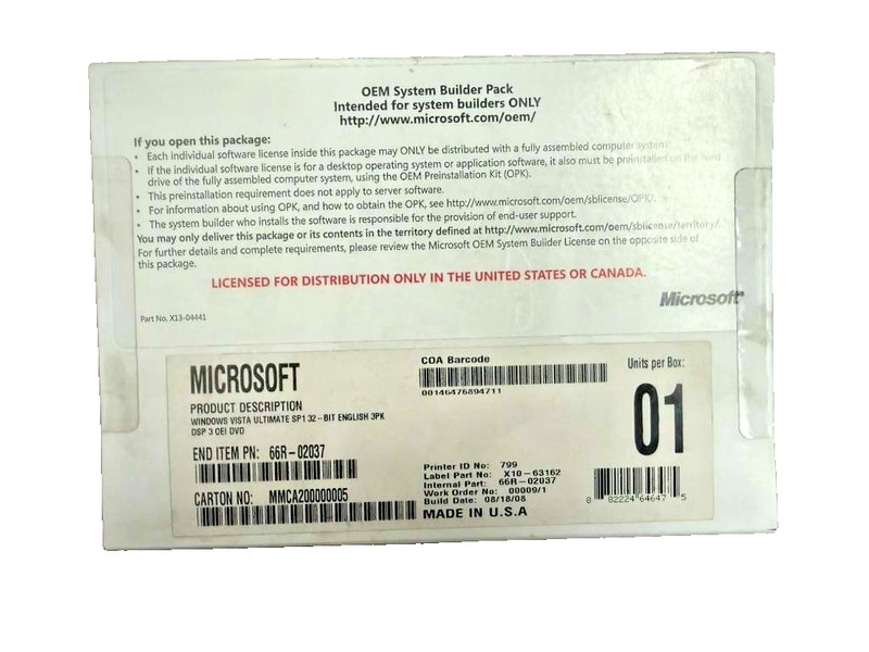 Microsoft Windows Vista Ultimate SP1 32-bit English 3PK DSP 3 OEI DVD – SEALED!