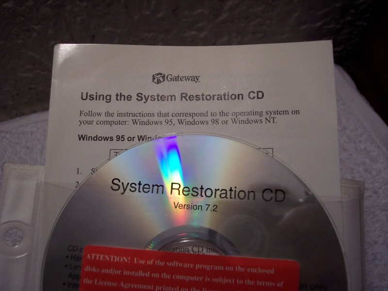 Gateway System Restoration CD v 7.2 with Instructions