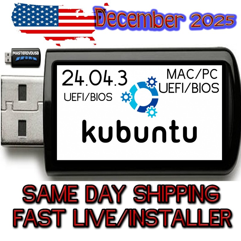 Kubuntu 24.04.3 LTS USB Live Installer – Plasma 5 Desktop – UEFI/BIOS – Fast USA