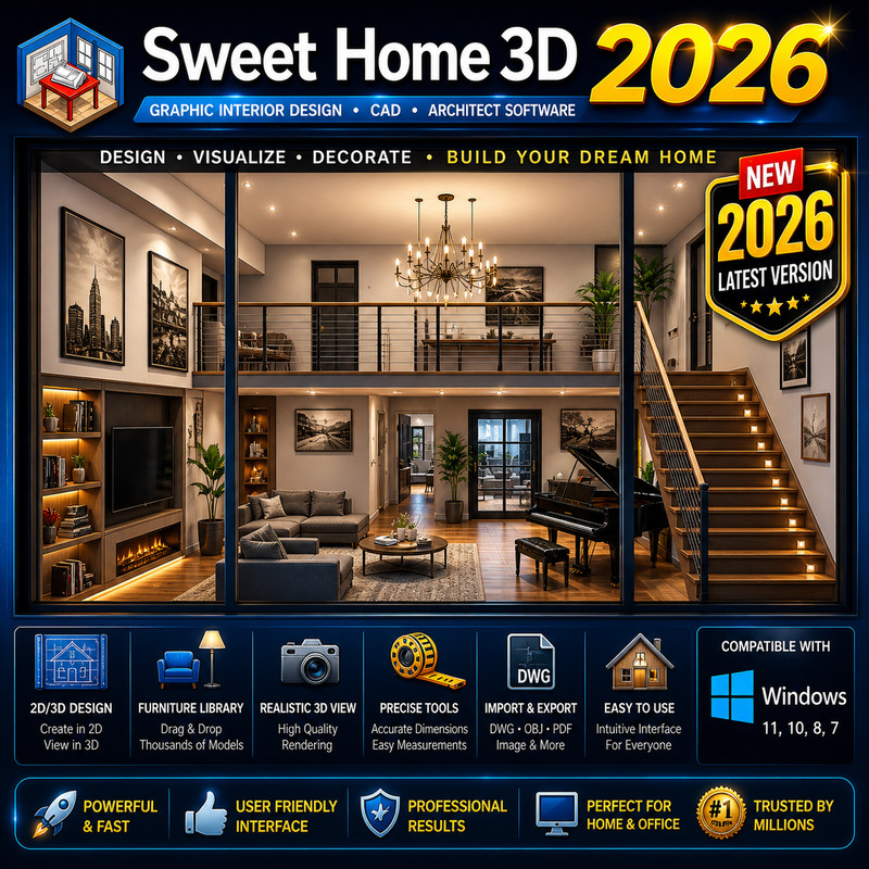Sweet Home 3D 2026 Graphic Interior Design CAD Architect Software ~ Windows CD